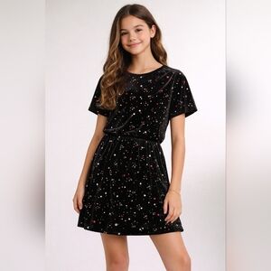 Calvin Klein Black Velvet Velour Dress Girl's XL 16 Short Sleeve Dot Logo Print
